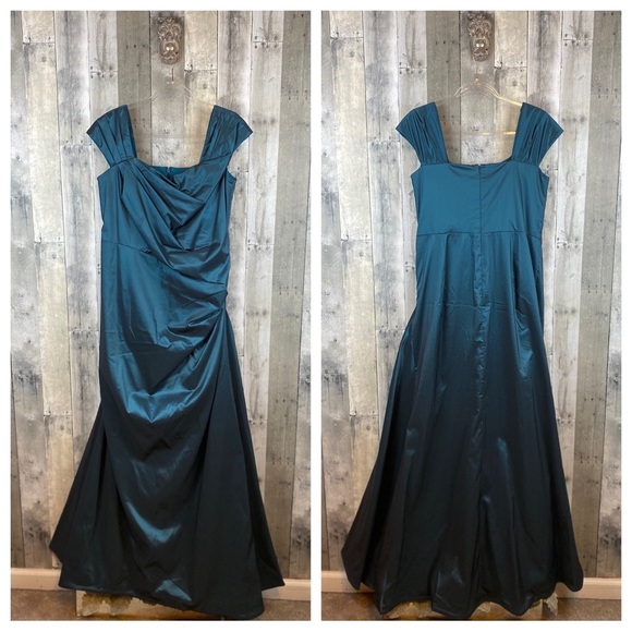 Tadashi Shoji Ruched Trumpet Maxi Gown in Teal Green Size 16 Plus. - Picture 3 of 13